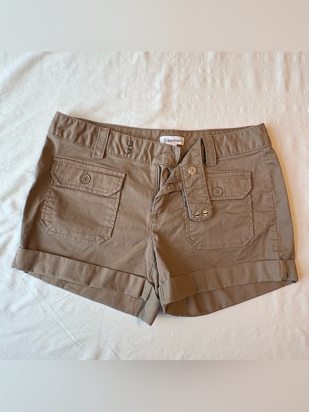 Calvin Klein Womens Khaki Cargo Shorts Cotton-blend Fabric, Utility Pockets,